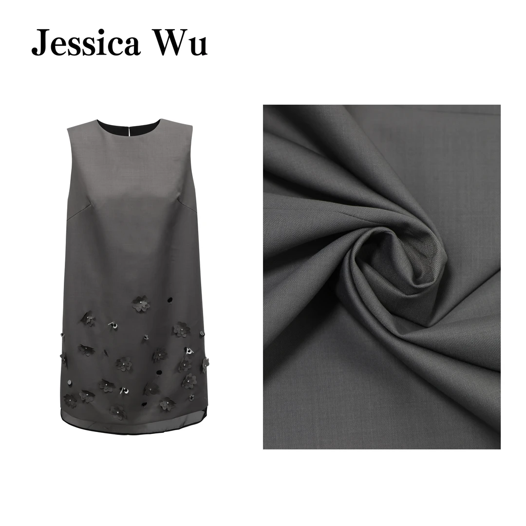 JESSICA WU高级格雷灰重磅手工钉珠立体烧花拼接连衣裙255902017