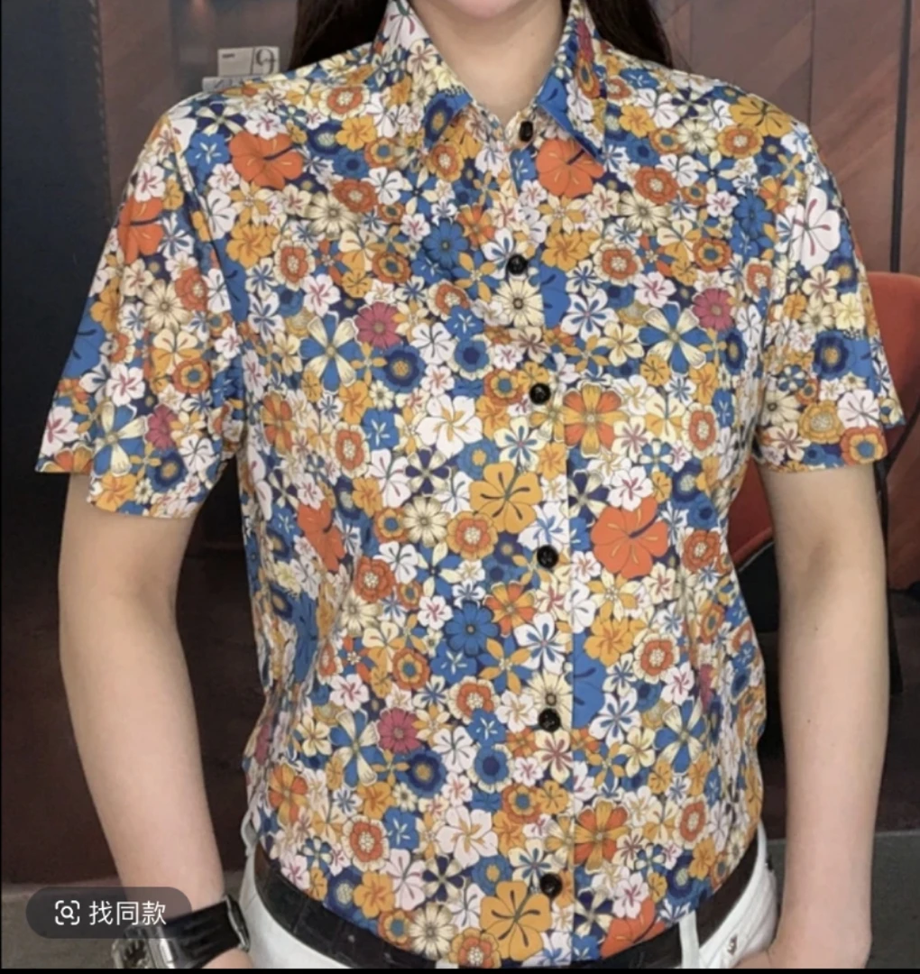 韩版休闲短袖夏季男士碎花衬衣衬衫速干短款斜襟长袖高级感男装