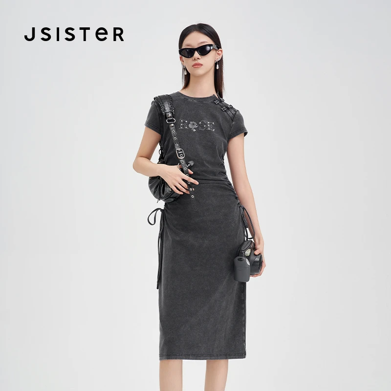 jsister 夏装新款 JS女装时尚深灰系带连衣裙