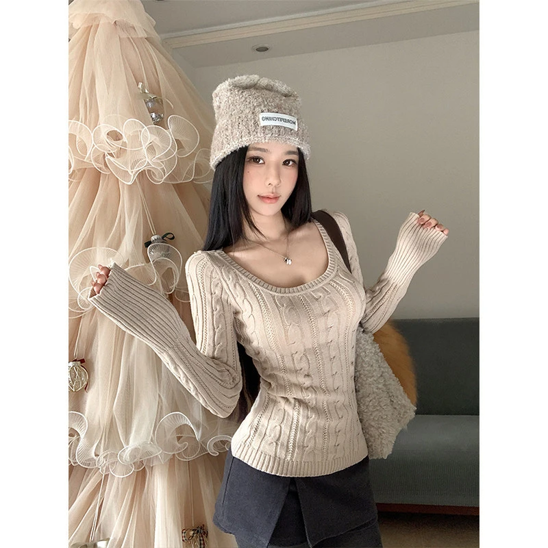 灰色麻花短款内搭针织衫女秋冬复古小众U领打底毛衣气质长袖上衣