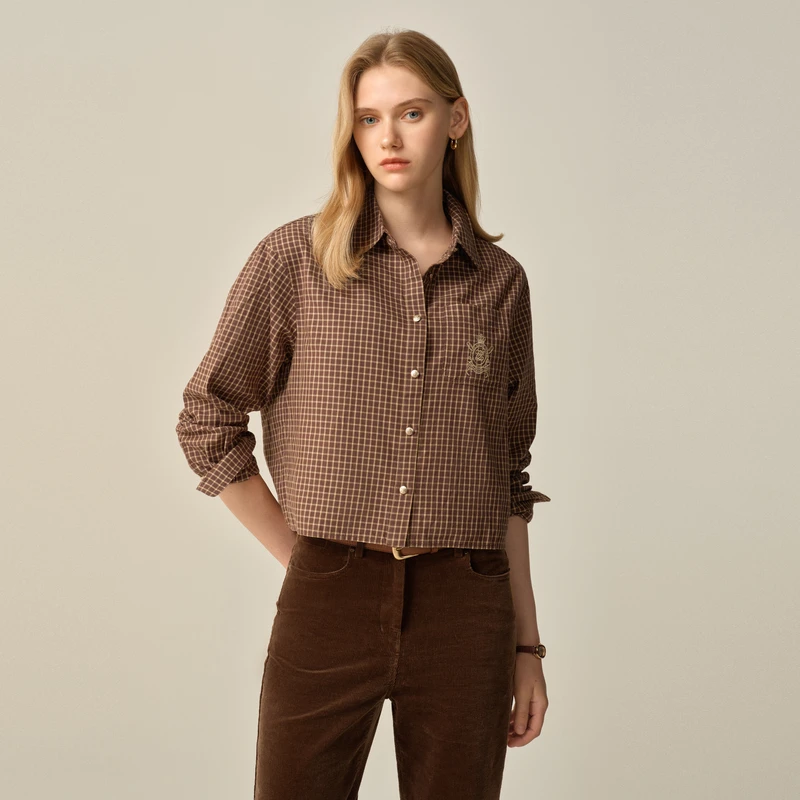 【武林总店专享】Eland衣恋衬衫女复古格纹金属扣上衣EEYCF49Q91