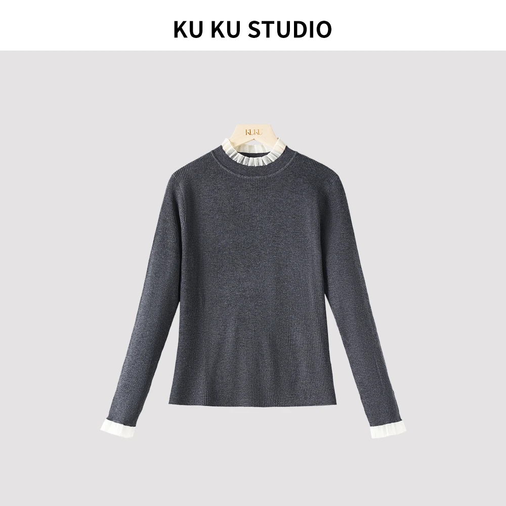 25女秋冬桑蚕丝绵羊毛混纺针织衫法式拼接领显瘦打底衫6099