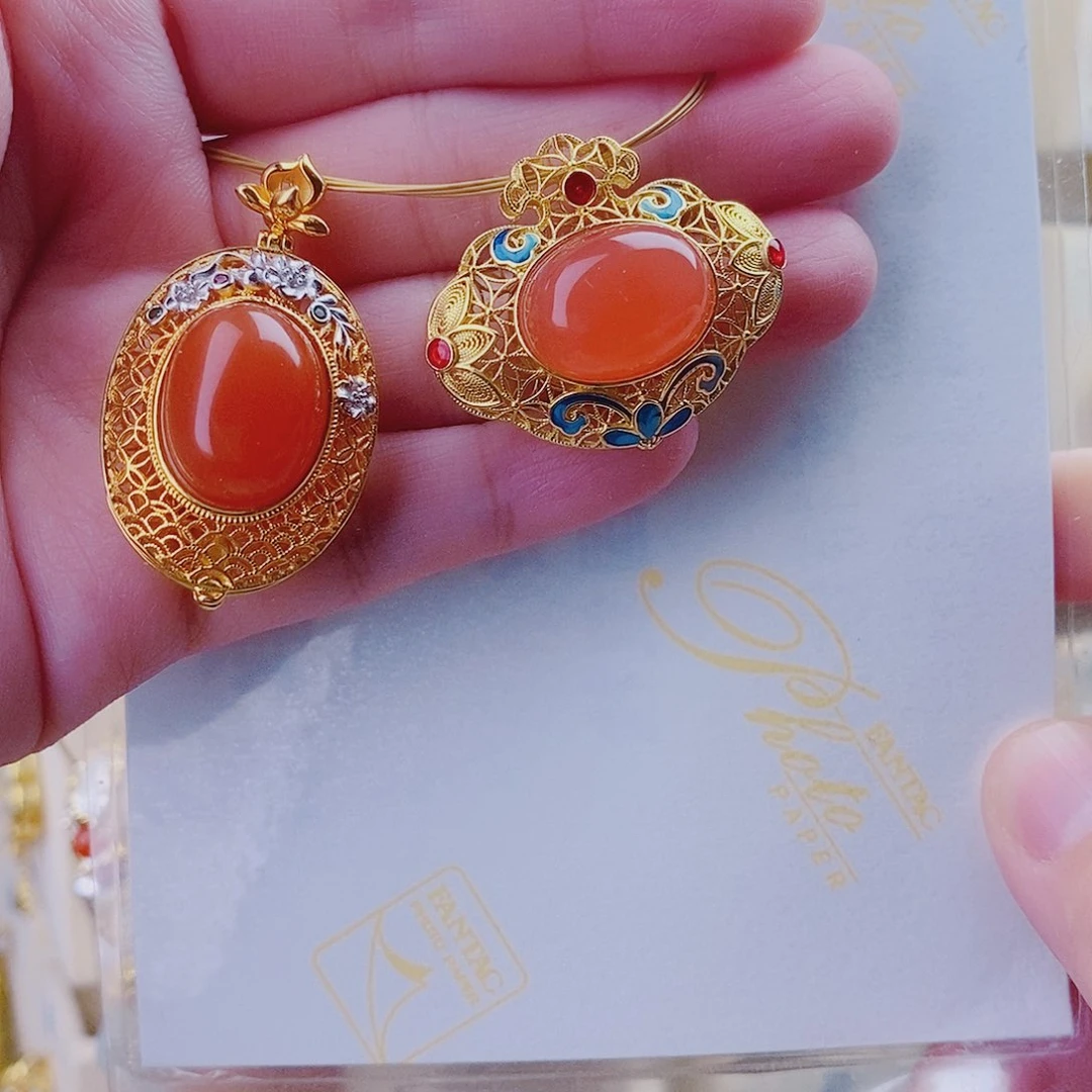 南红玛瑙颈饰银S925镀金镶嵌