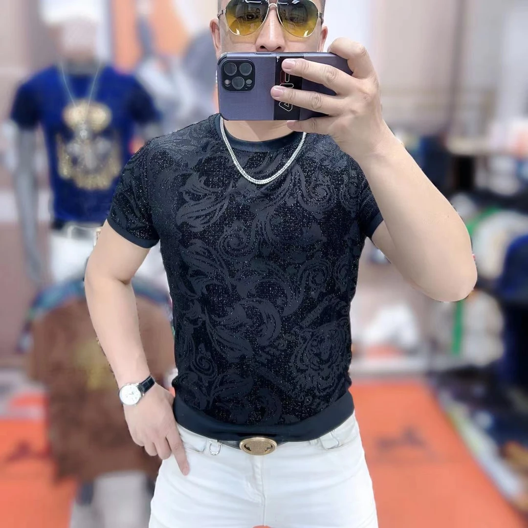 力龍潮牌男士夏季新款高品质冰丝薄款时尚潮流黑银色修身弹力短袖