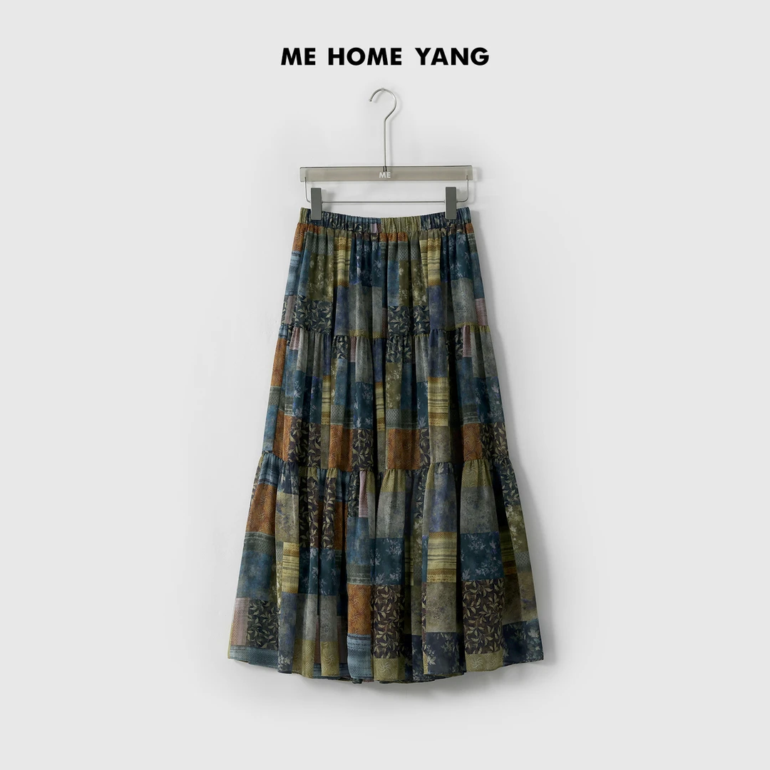 ME【复古名作裙】飘逸复古印花高腰遮胯显瘦百搭休闲半身裙MESS3436