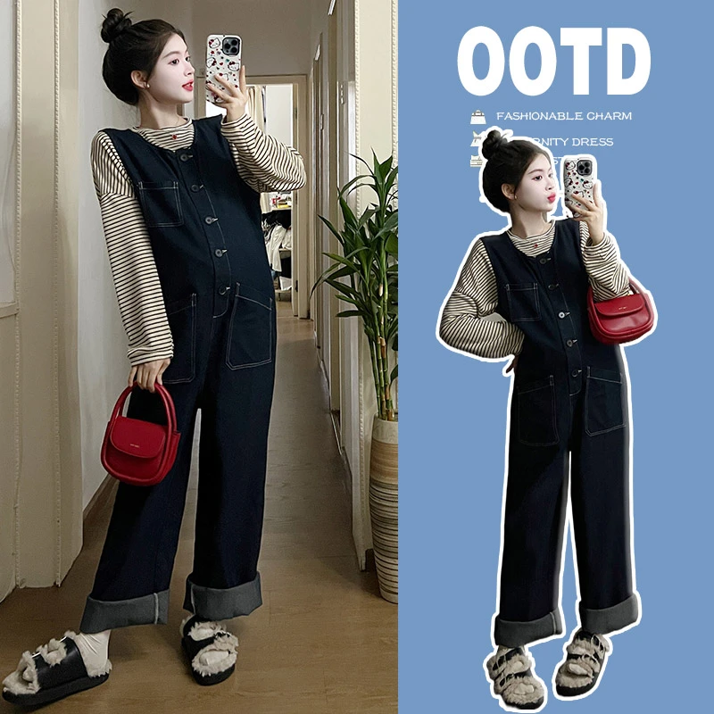 {糖糖}孕妇装春季新款时尚宽松条纹上衣休闲减龄连体背带裤两件套