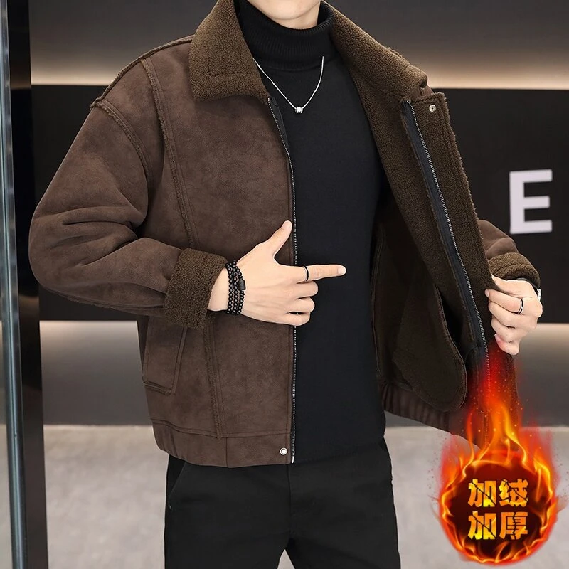 男夹克冬季外套休闲夹克上衣潮流加厚皮夹克保暖韩版皮毛一体翻领