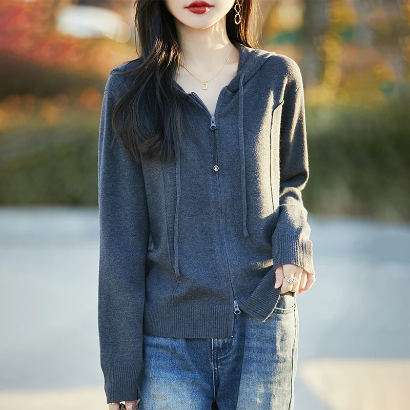 连帽双拉链休闲毛衣开衫女新款时尚宽松百搭开衫新潮显瘦针织上衣