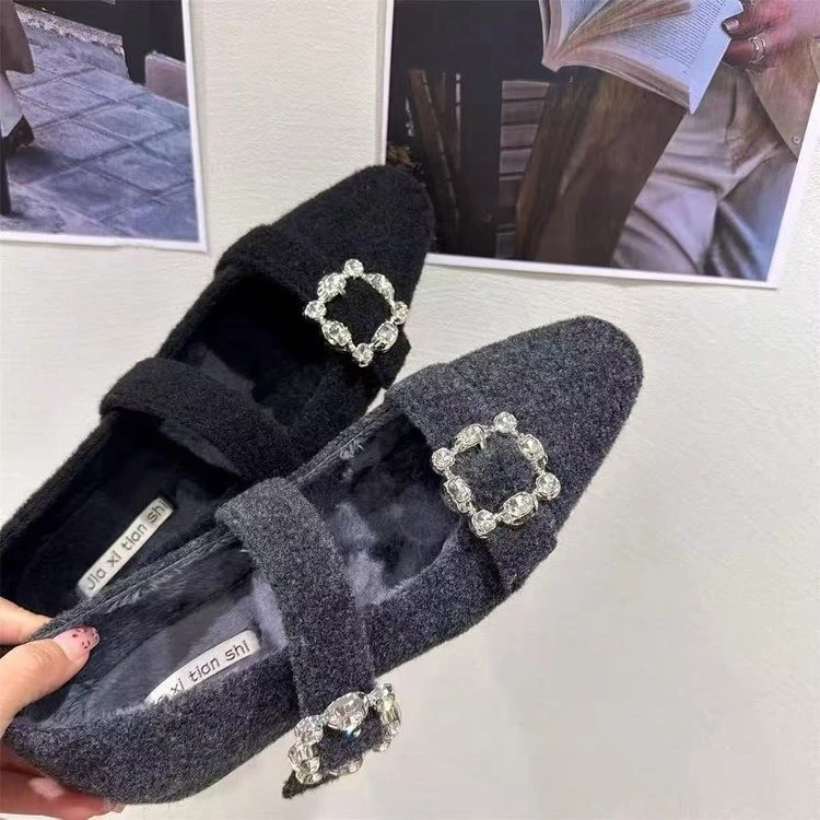 啄木鸟内增高方头水钻单鞋女2025秋冬加绒灰色毛毛鞋玛丽珍晚晚鞋