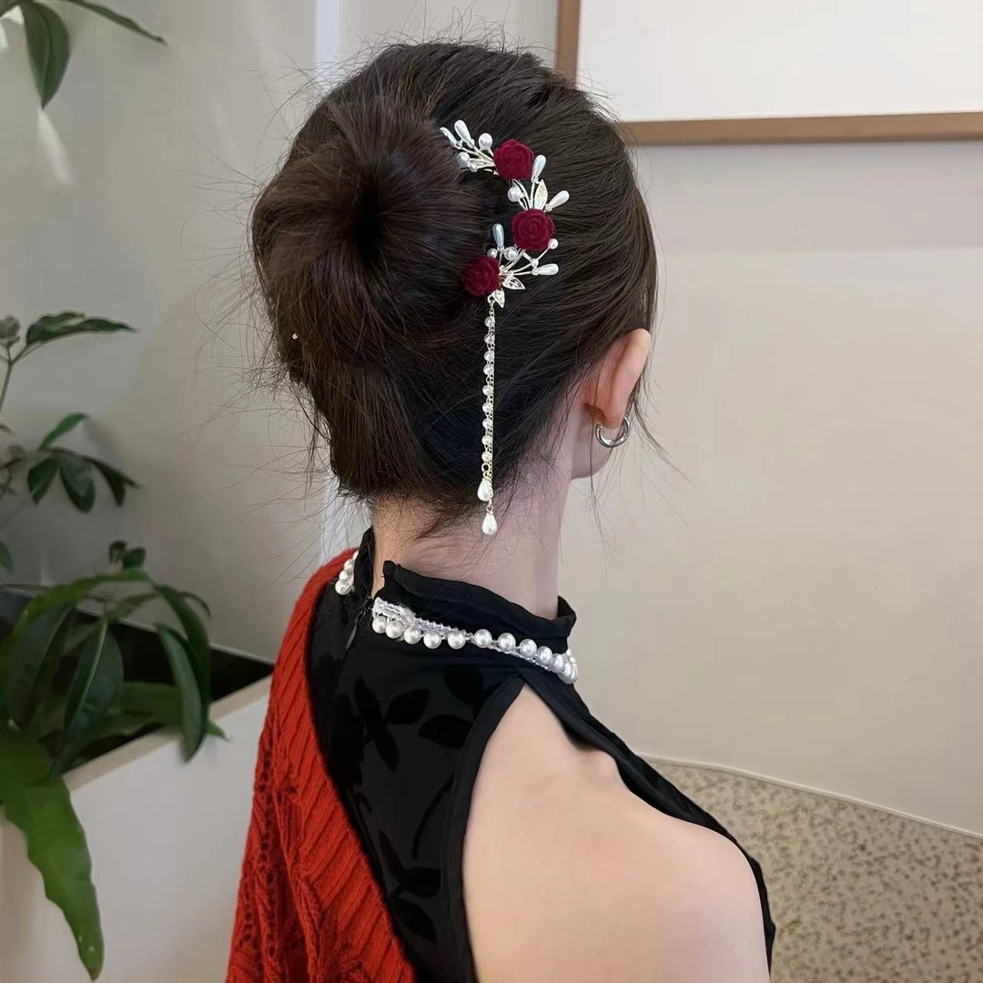 名梵希古典红玫瑰珠珠流苏U型发簪发饰精致古风簪子发钗新中式
