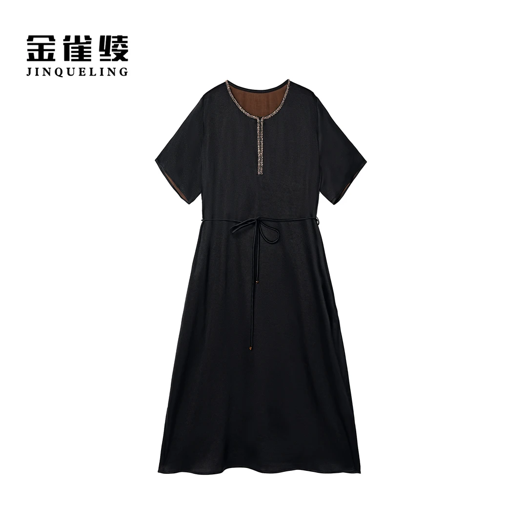 金雀绫【醉长安】香云纱桑蚕丝钉珠工艺大码显瘦连衣裙SZA2L308