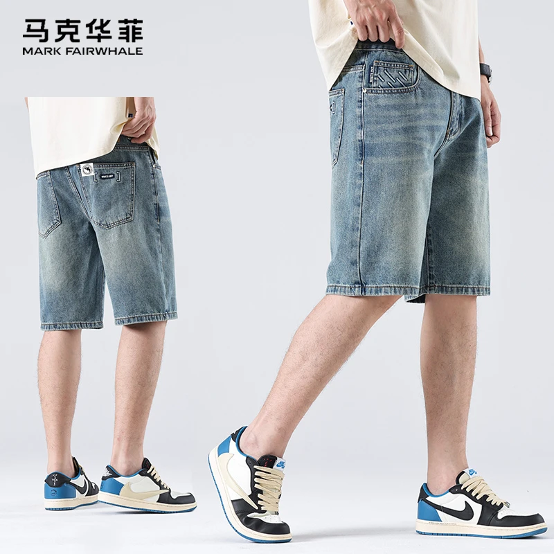 马克华菲潮牌牛仔短裤男士夏季高街复古宽松休闲中裤子百搭五分裤