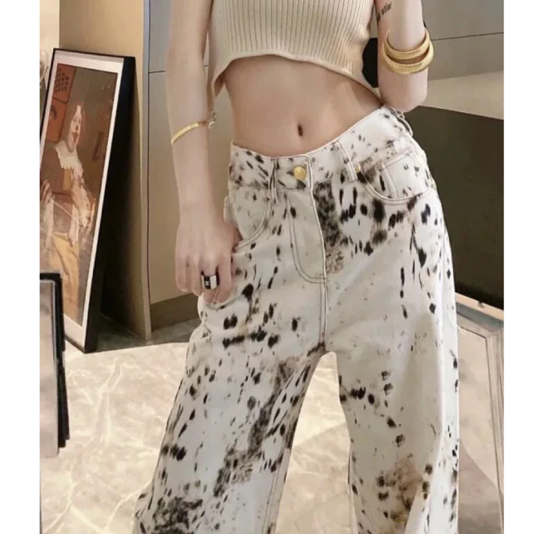 SML-早秋美式高街辣妹风豹纹复古宽松直筒高腰牛仔裤LZ30