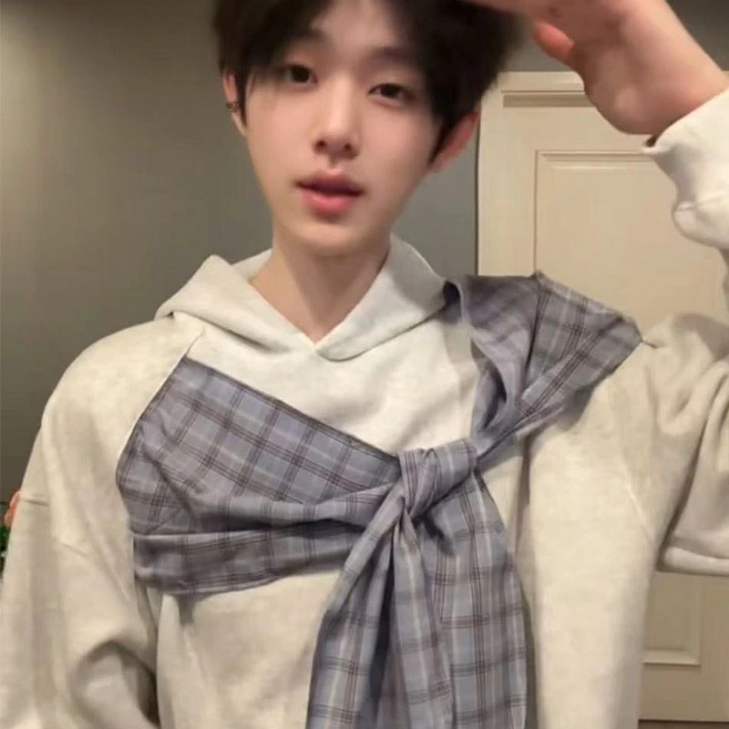 WASSUP dream美式春秋连帽复古卫衣男蝴蝶结绑带宽松慵懒风上衣服