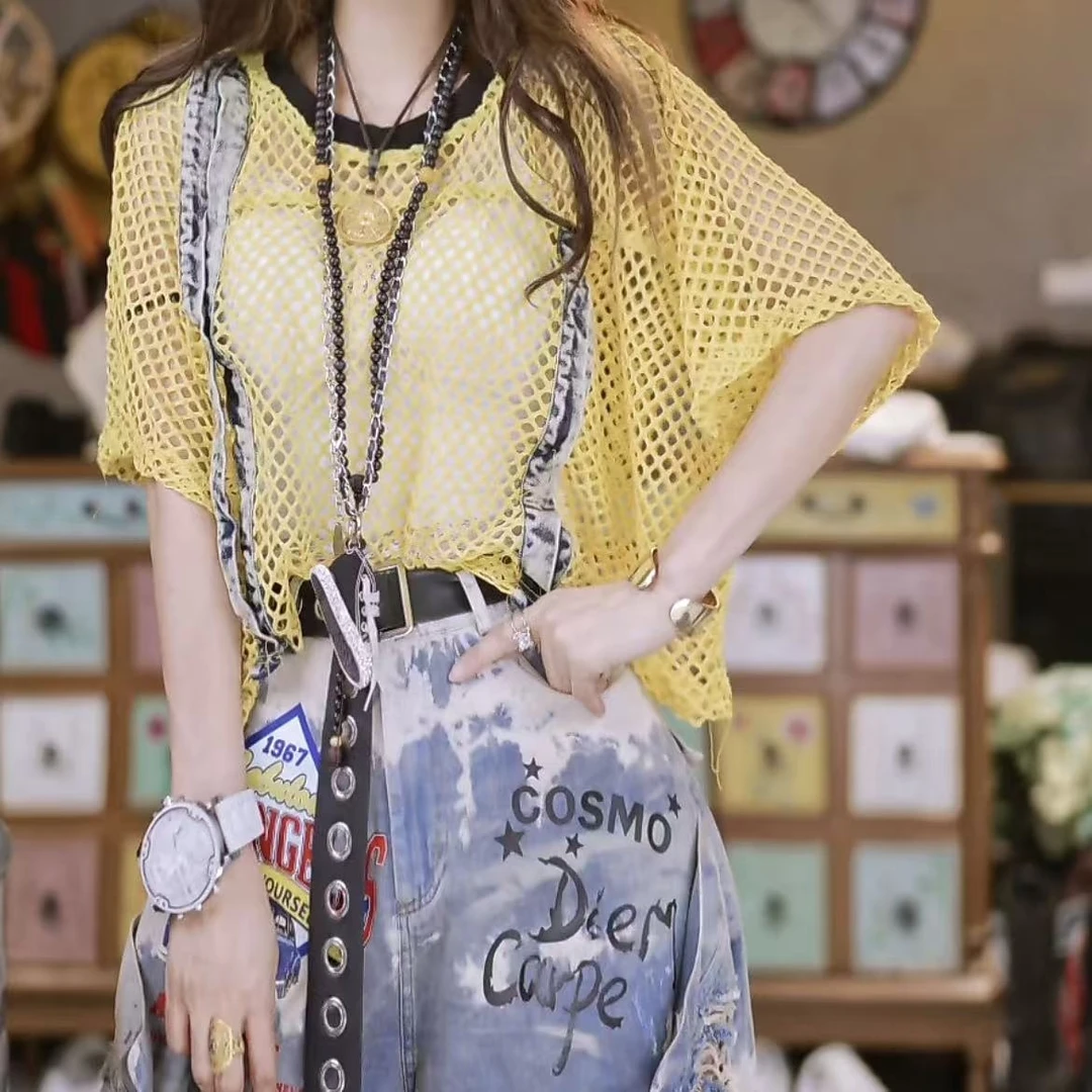 韩版宽松短款拼接大渔网短袖上衣