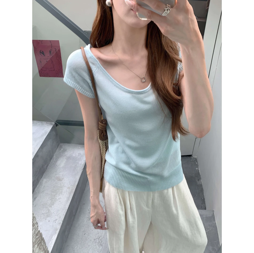 Baby奶蓝色修身显瘦短袖针织T恤女夏季斜领露肩时尚百搭短款上衣