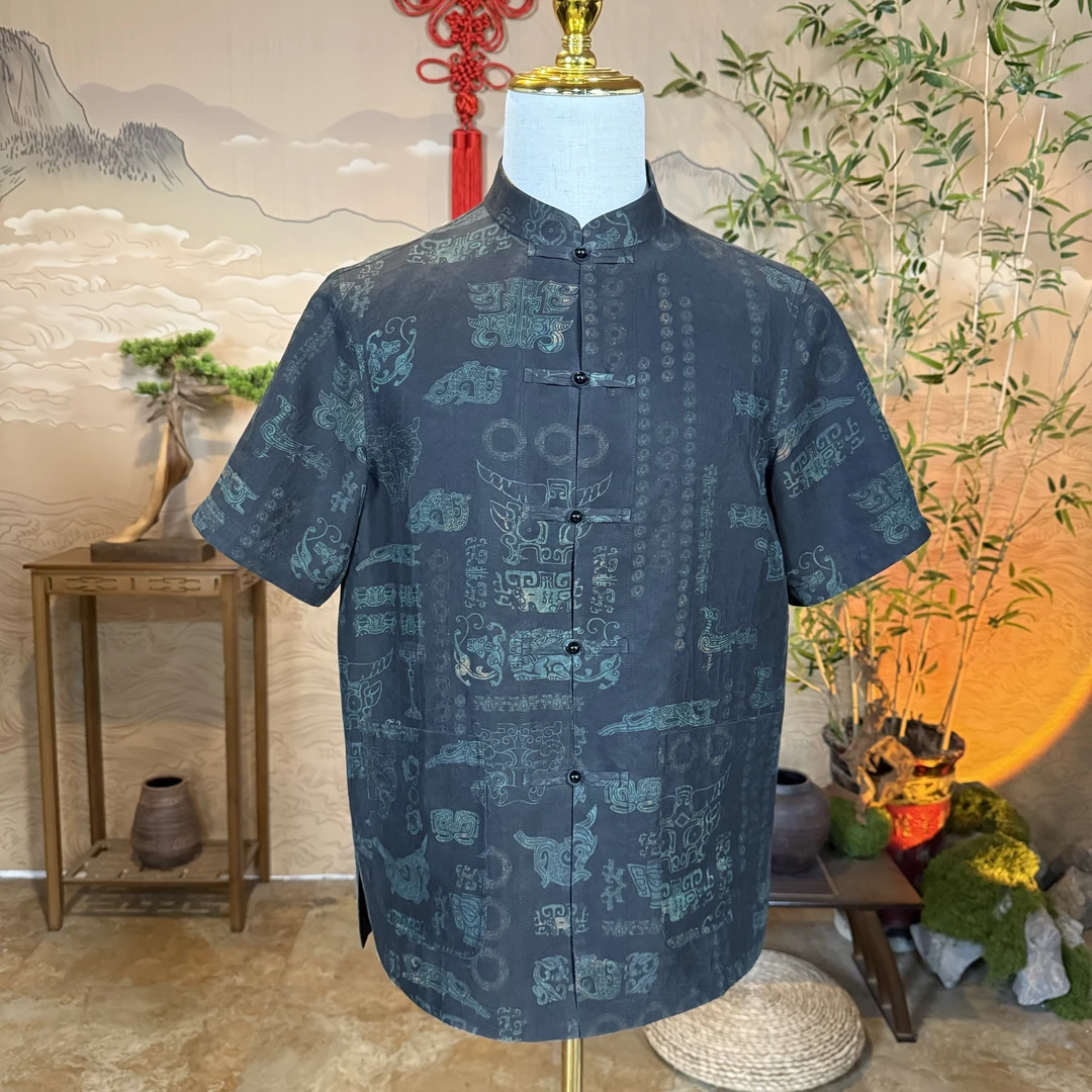 馨蕴古玥  新款龟裂纹复古双面穿短袖  新中式唐装立领上衣