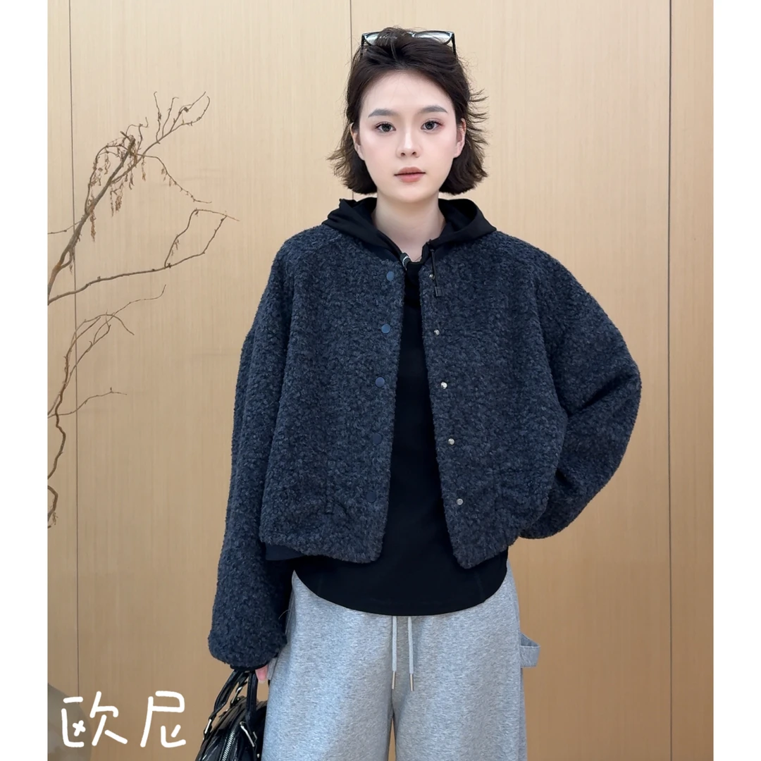 欧尼私服 2025秋季新款复古棒球服圆领毛呢外套上衣2509C6031