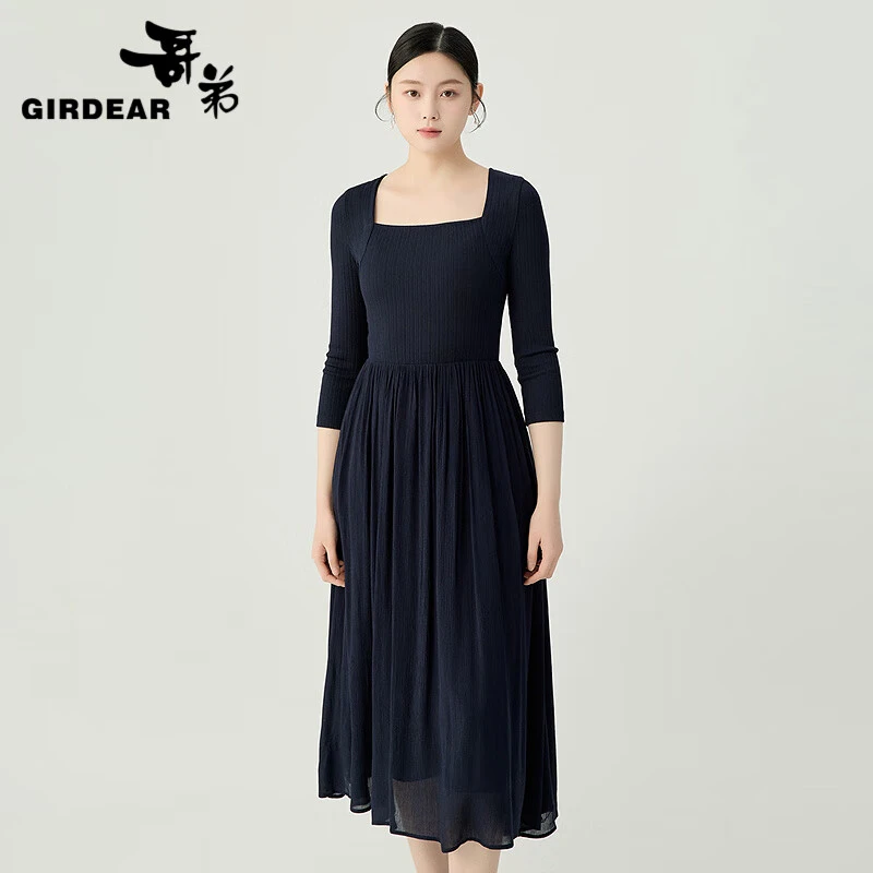 GIRDEAR/哥弟方领高腰线简约气质女神长袖收腰显瘦连衣裙1500542