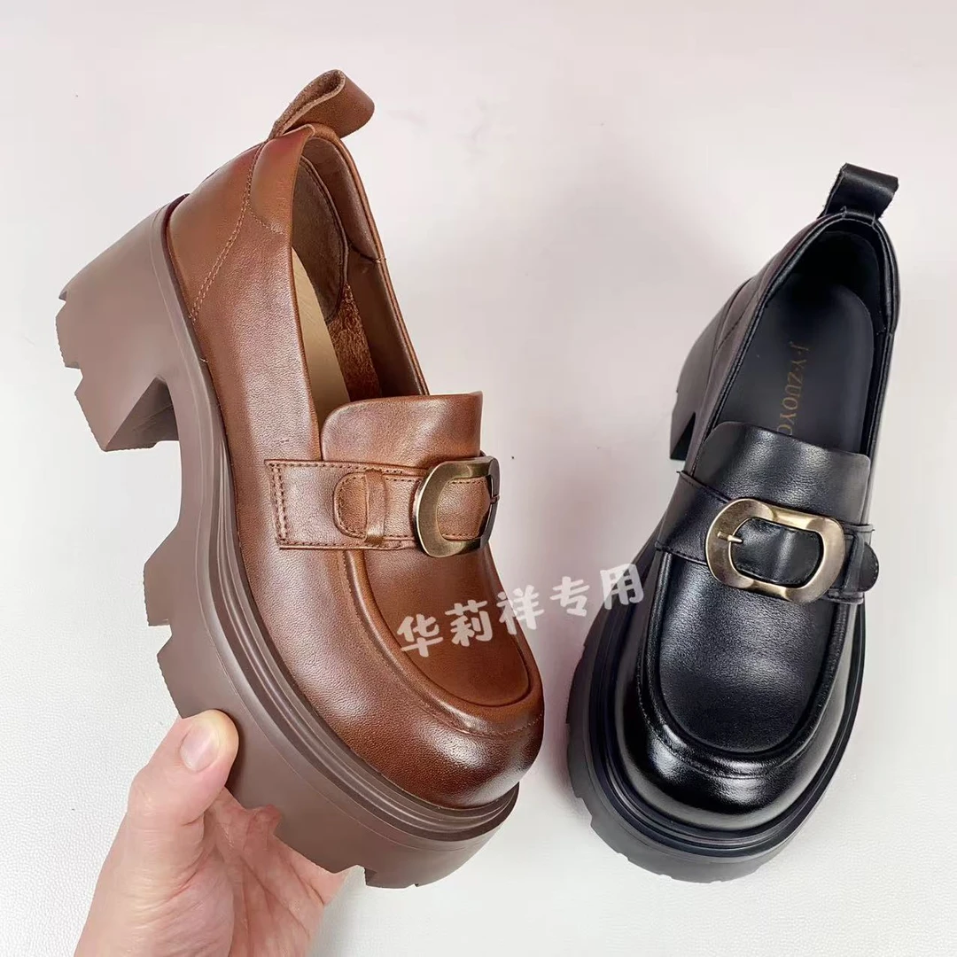 3801赛春季新款牛皮英伦风厚底增高皮鞋透气休闲百搭圆头乐福鞋女