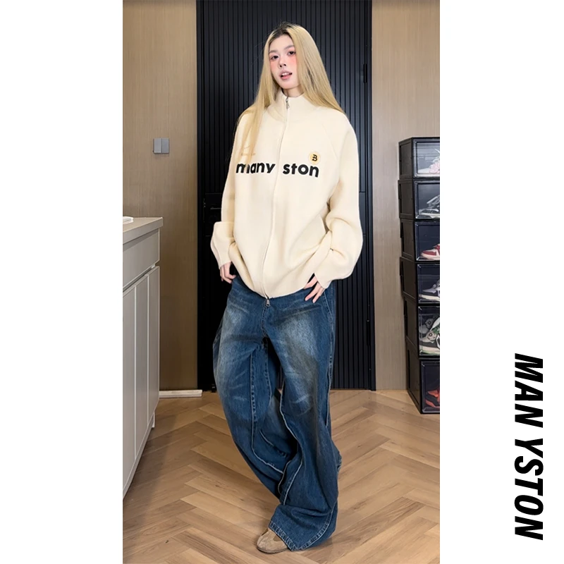 美式潮流针织开衫长袖外套秋冬季高街潮牌保暖情侣高领毛衣休闲