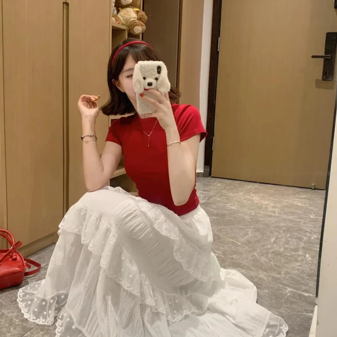 夏季一整套ootd穿搭温柔风韩版红色短袖上衣高腰半身裙气质两件套