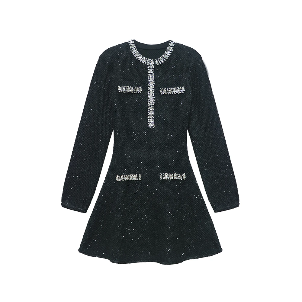 25SP早春新款经典黑色小香风钻饰圆领亮片气质优雅轻奢针织连衣裙