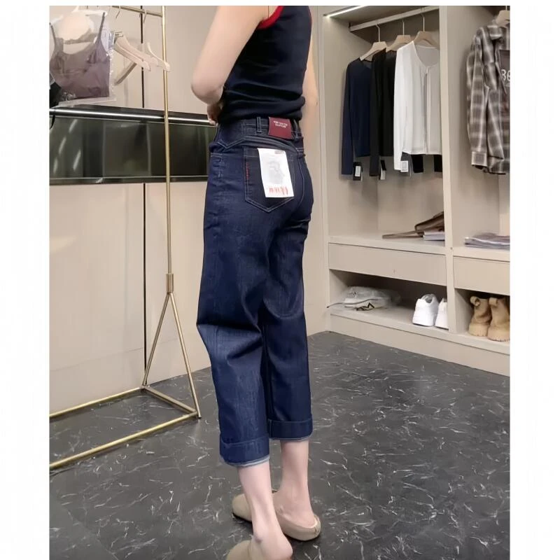 唐芯媛早秋新款爆款普洗蓝直筒牛仔裤时尚高腰宽松显瘦九分法棍裤