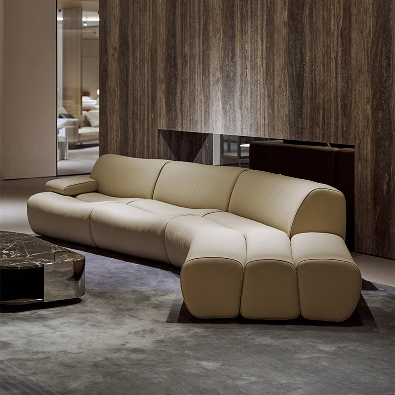 如恩 竹节沙发 意式极简风格真皮沙发弧形组合头层牛皮斜转角沙发