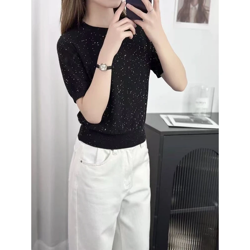 【锦衣服饰】XSY 7001韩系百搭亮片圆领短袖针织衫