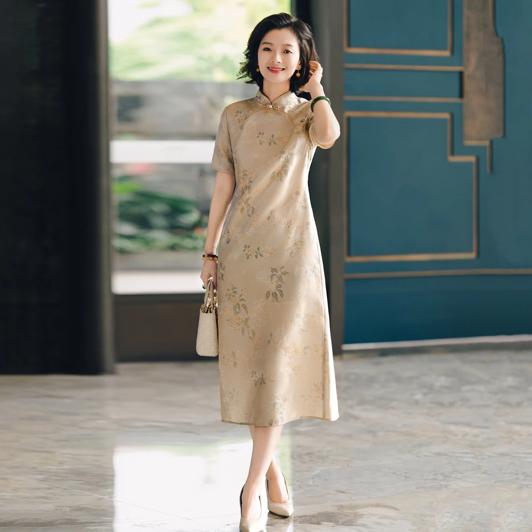 西子/【桂冠旗袍】重磅桑蚕丝金线提花花萝新中式复古旗袍/QPBH1368
