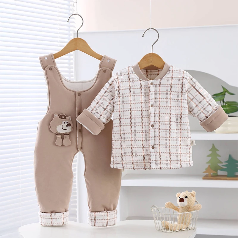 200克中厚水洗棉花衣开档裤背带裤套装婴幼儿春秋天男女宝宝分体