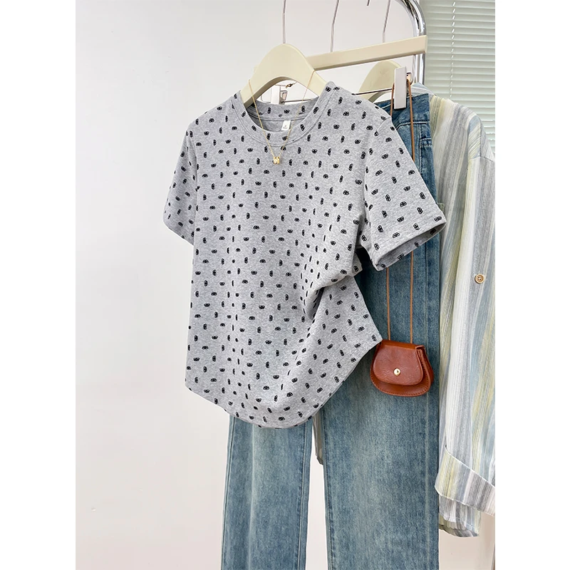 植绒感上衣百搭遮肚子洋气短袖t恤衫夏季大码宽松显瘦女装