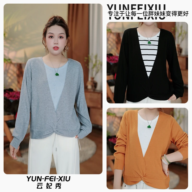 云妃秀大码女装针织衫撞色时尚休闲宽松显瘦胖妹妹假两件冬23718