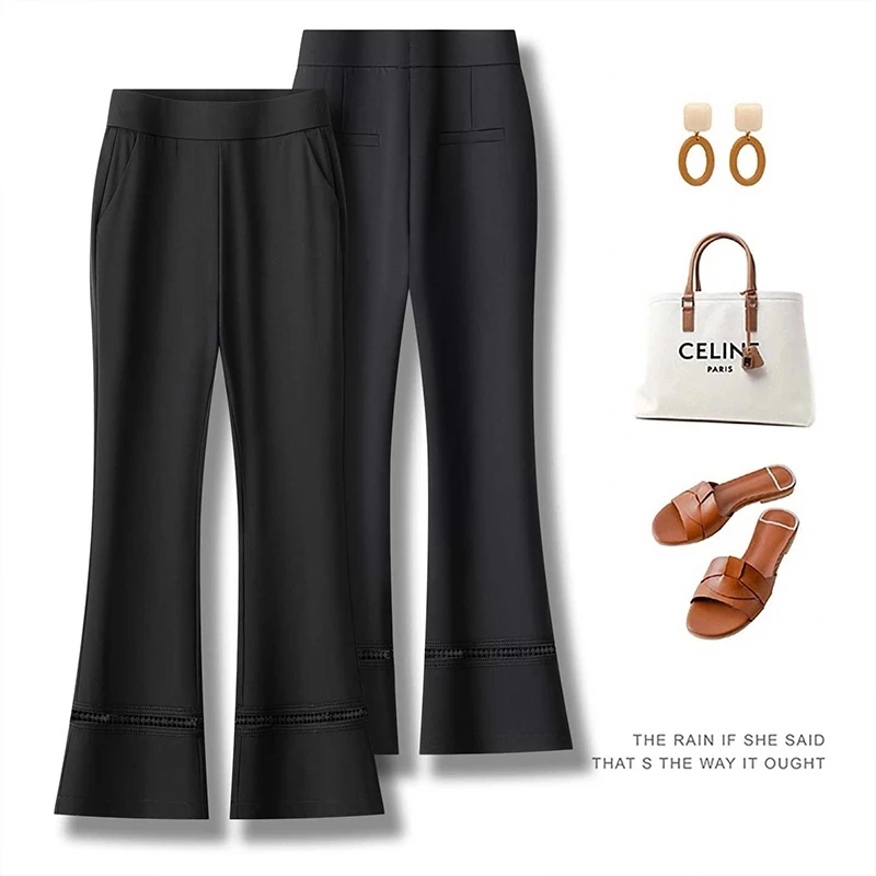 夏新款松紧腰黑色微喇裤女宽松显瘦休闲裤九分裤小个子喇叭裤