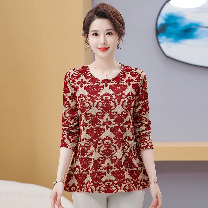 高弹力妈妈装长袖t恤春秋装上衣中长款大码中老年女装宽松遮肚子