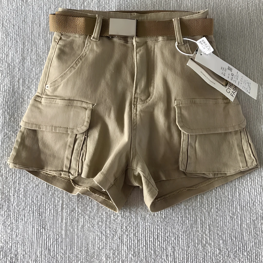 雪千羽设计感浅色工装牛仔短裤女夏新款高腰显瘦小个子辣妹热裤潮