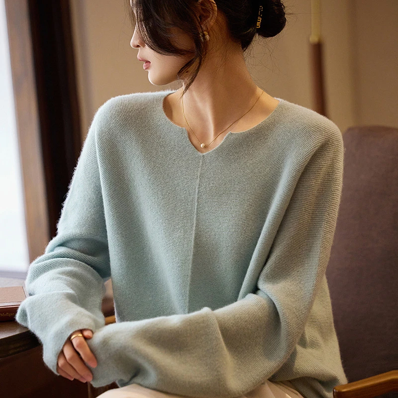 显瘦剪刀领宽松慵懒风100羊毛衫女圆领长袖毛衣打底羊毛针织上衣