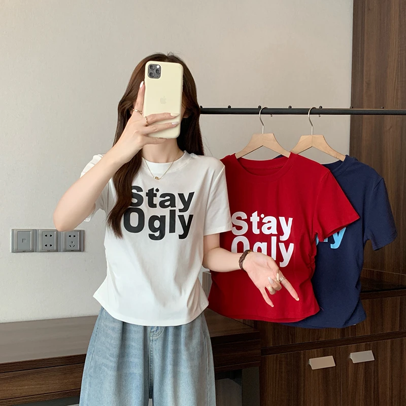 2025夏装新款胖mm大码减龄印花字母弧形掐腰短袖T恤财阀千金女装