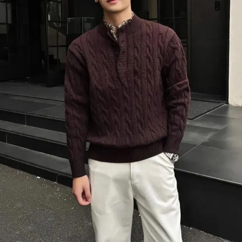 轻奢老钱风「绞花编织假两件冬季重磅套头亨利领毛衣慵懒感针织衫