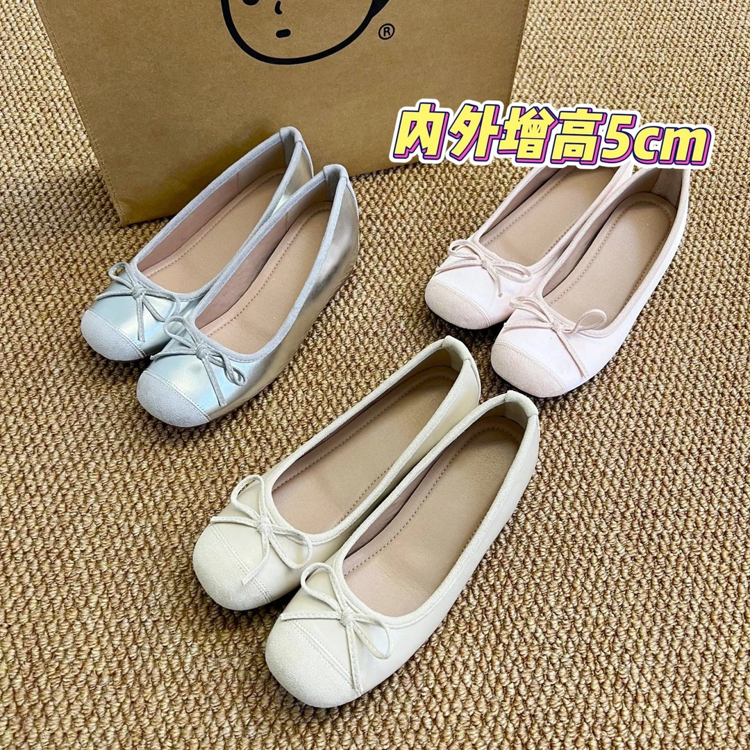 内增高5厘米浅口蝴蝶结方头法式银色软皮小个子芭蕾舞单鞋外传女