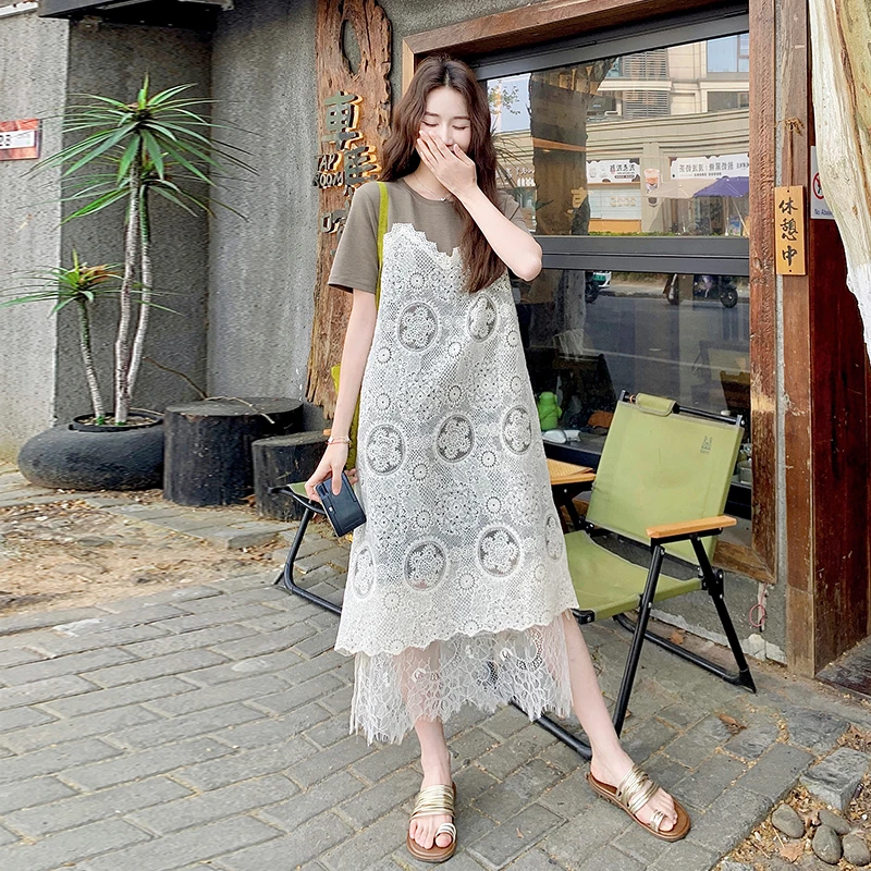 设计感蕾丝拼接短袖连衣裙2025夏新款假两件圆领气质宽松显瘦裙子