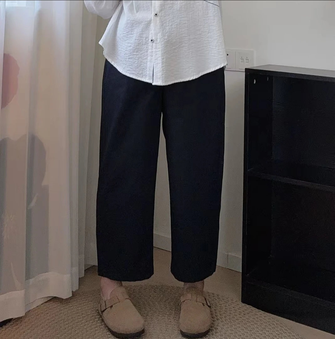 拼接宽松西装休闲裤日式常规直筒裤松紧腰高腰休闲