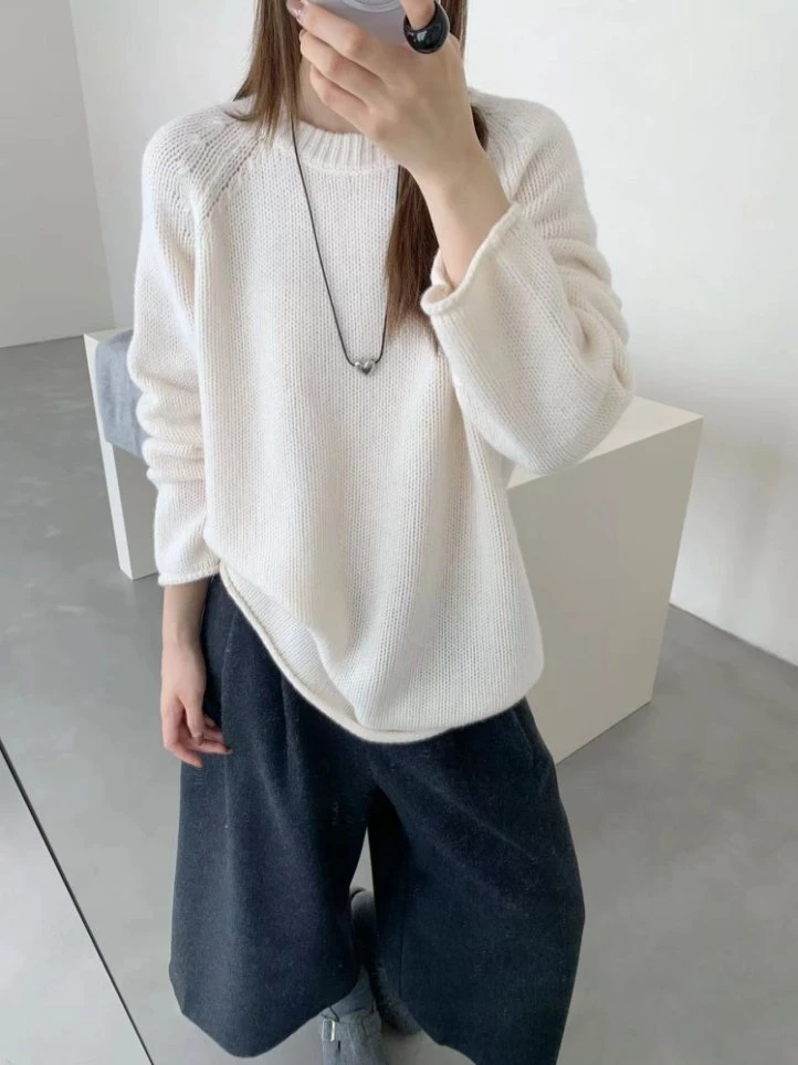 【潘潘.958827】秋冬新款100羊毛圆领加厚套头针织长袖衫