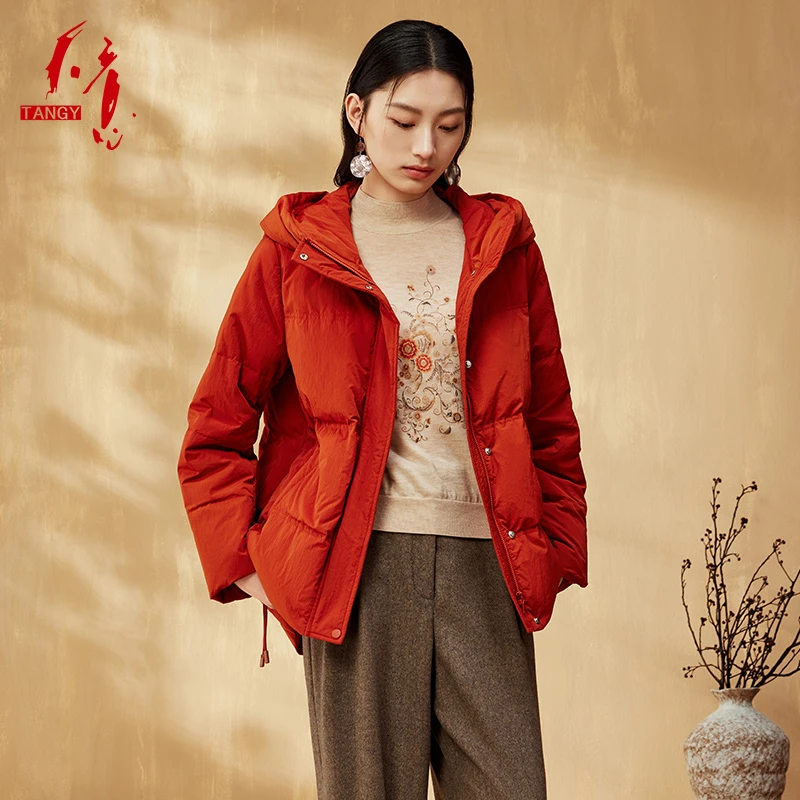 TANGY/天意2025冬季新款刺绣连帽抽绳白鸭绒保暖羽绒服2254000