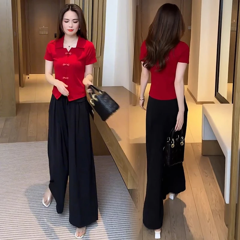 时尚洋气新中式国风上短下长套装夏季设计感盘扣T恤阔腿裤两件套