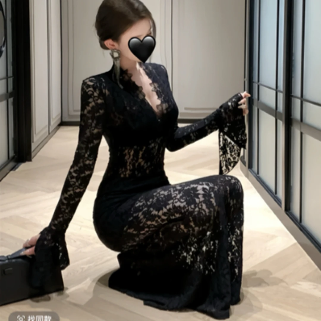 大码轻熟风蕾丝花边连衣裙女收腰性感包臀裙气质长裙子4440