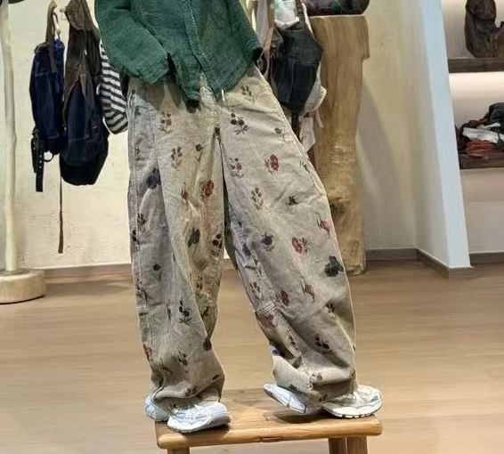 忆古朴拙241242全棉坑条灯芯绒印花打褶休闲长裤 春款休闲裤子