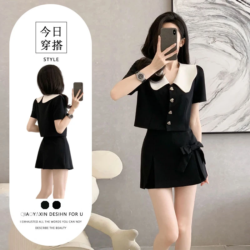 高腰裙裤云朵娃娃领甜美小香风套装女2025夏季通勤短款西装两件套