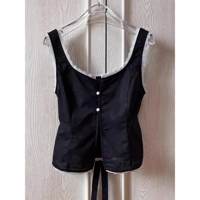 巨好搭！真心舒服！黑色U领蕾丝边马甲背心女夏季显瘦短款无袖上衣